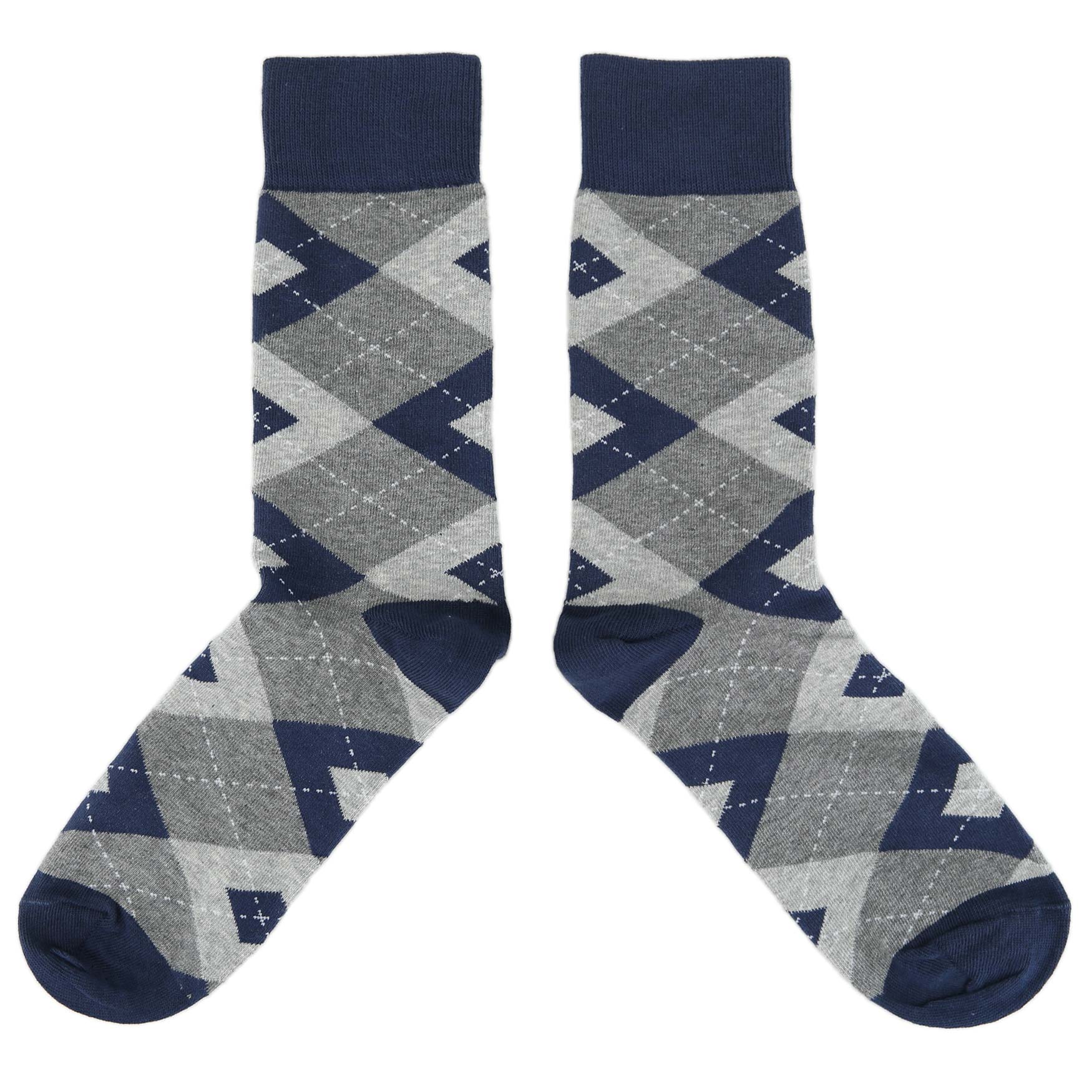 Pair of socks with blue and gray geometric pattern on a white background