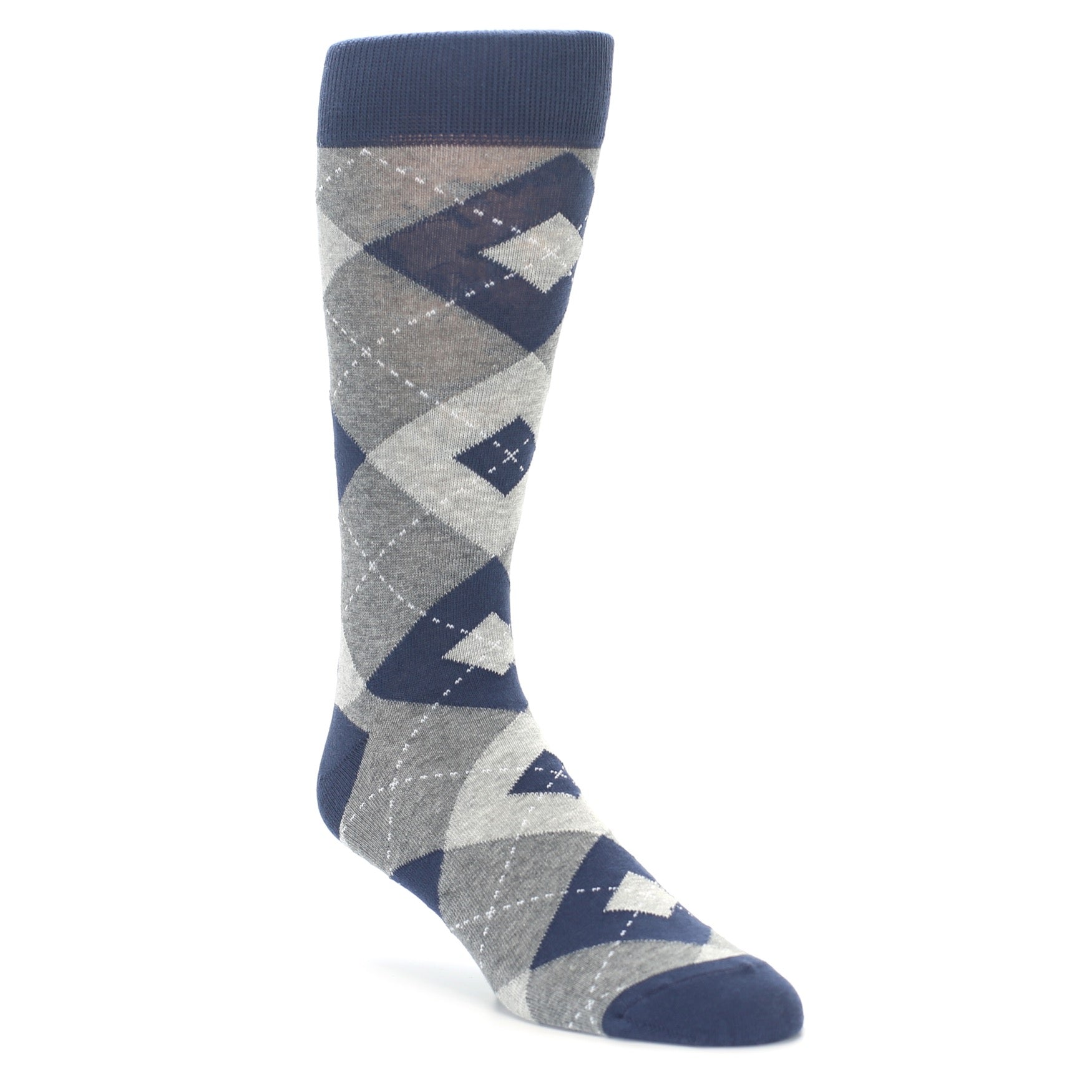 Patterned sock with blue and gray design on a white background