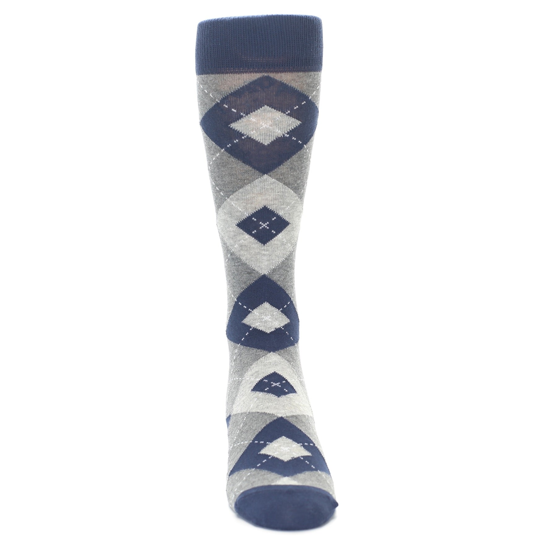 Gray and blue argyle patterned sock on a white background