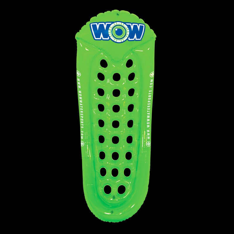Green inflatable pool float with 'WOW' branding on a black background