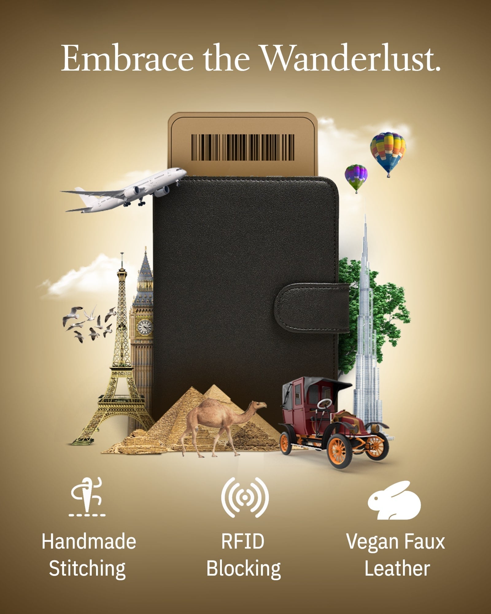 Black wallet with travel-themed design elements on a beige background