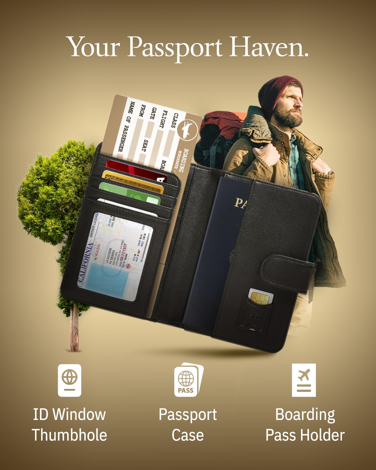 Black travel wallet with compartments for ID, passport, and boarding pass on a beige background.