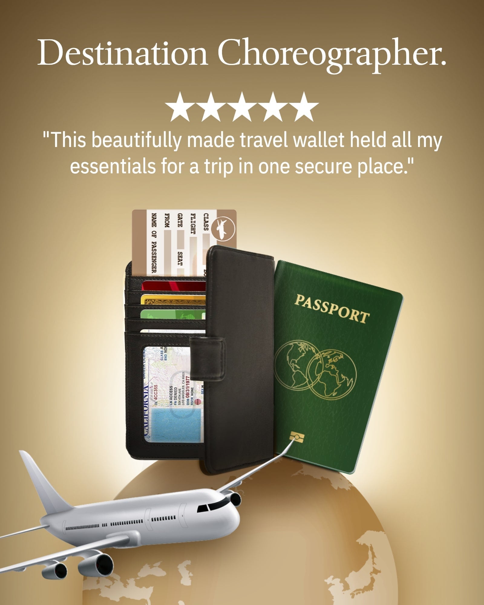Travel wallet with passport, tickets, and cards on a globe with airplane, gold background.
