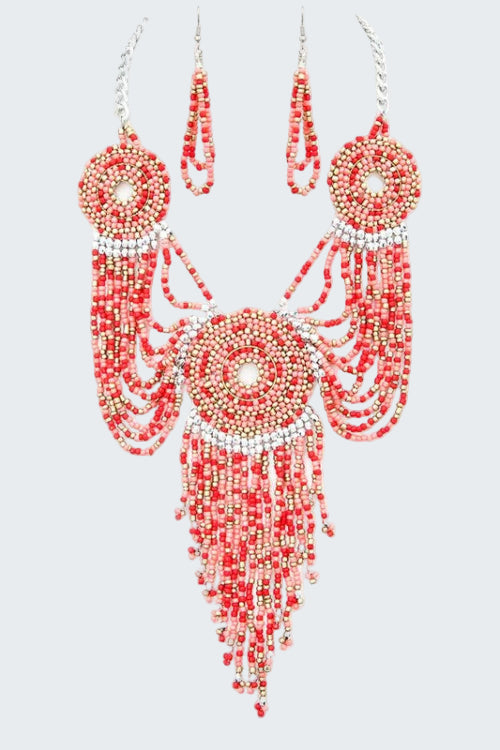 Seed Beads Medallion Statement Necklace Set
