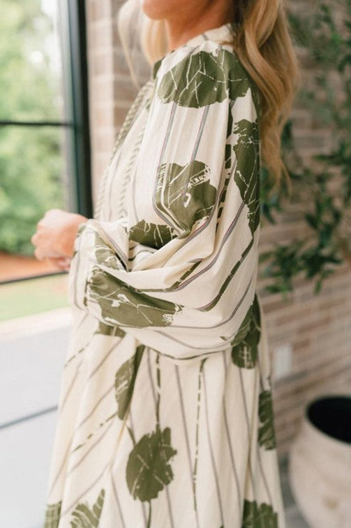 Floral Striped Print Piping Puff Sleeve Dress