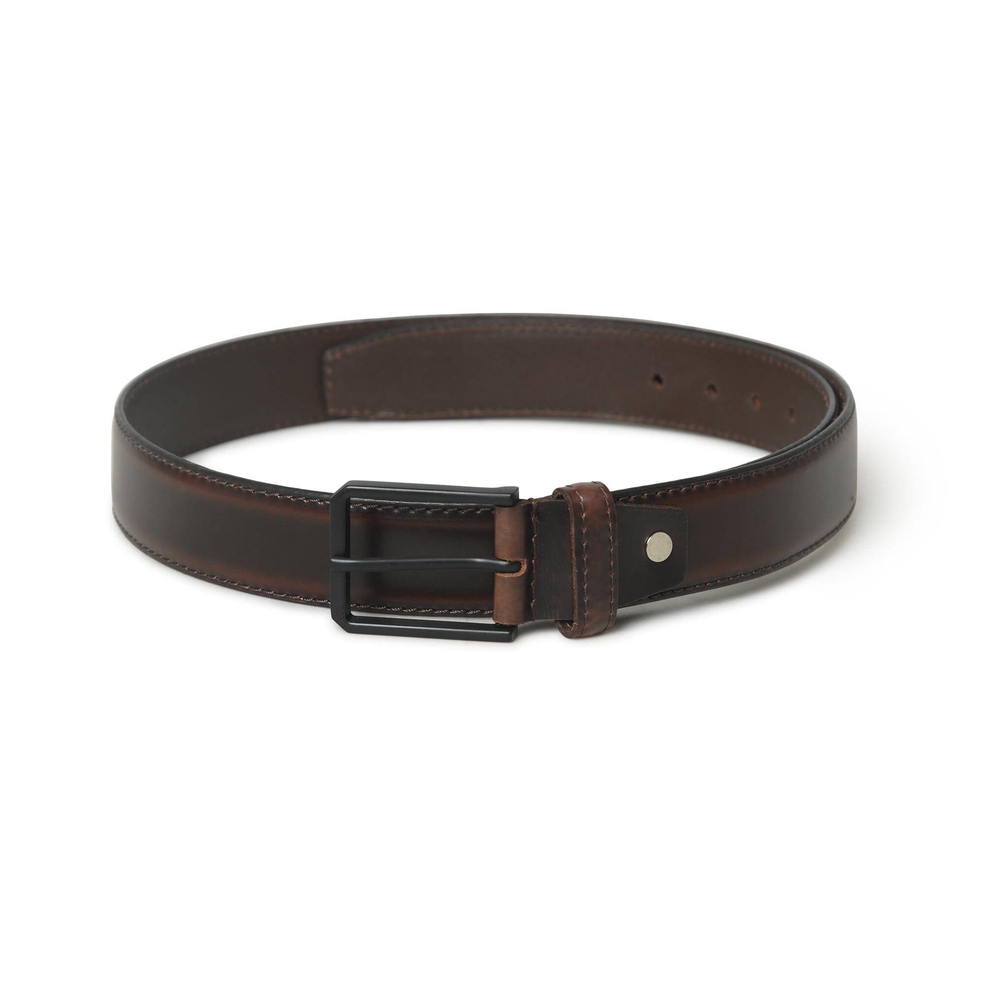 Brown leather belt with a black buckle on a white background