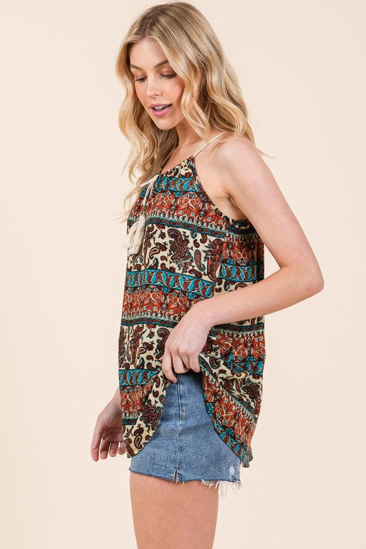 Front Tassel Tie Sleeveless Woven Top