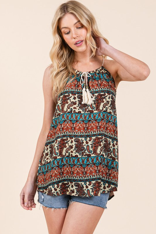 Front Tassel Tie Sleeveless Woven Top