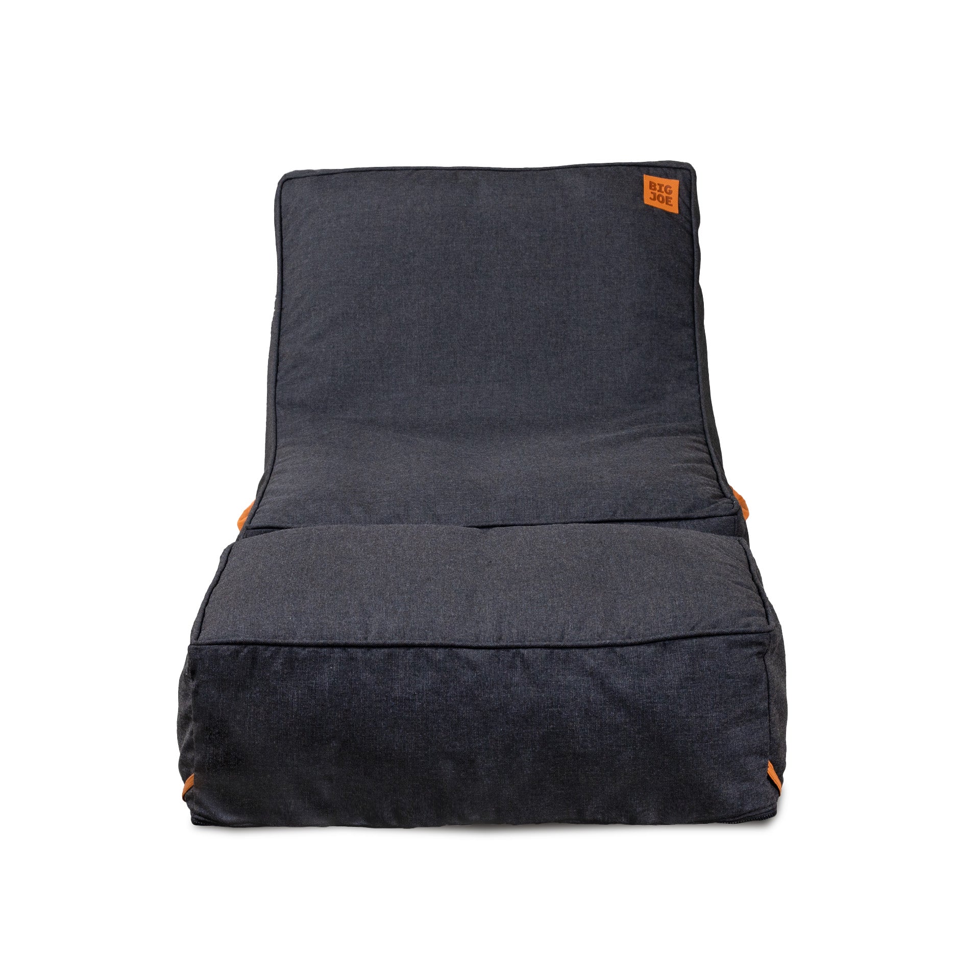 Dark gray bean bag chair with orange accents on a white background