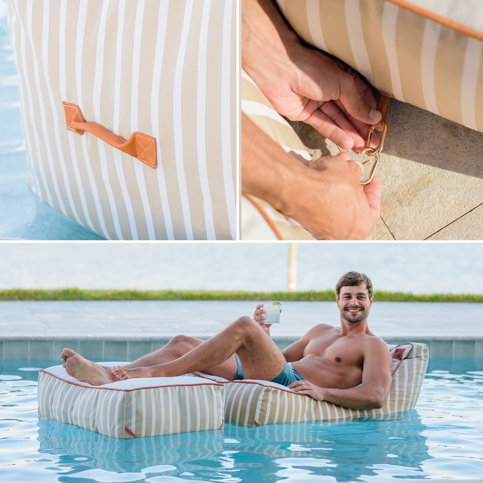 Collage of a striped inflatable pool floatie, a hand holding it, and a person relaxing on it in a pool.