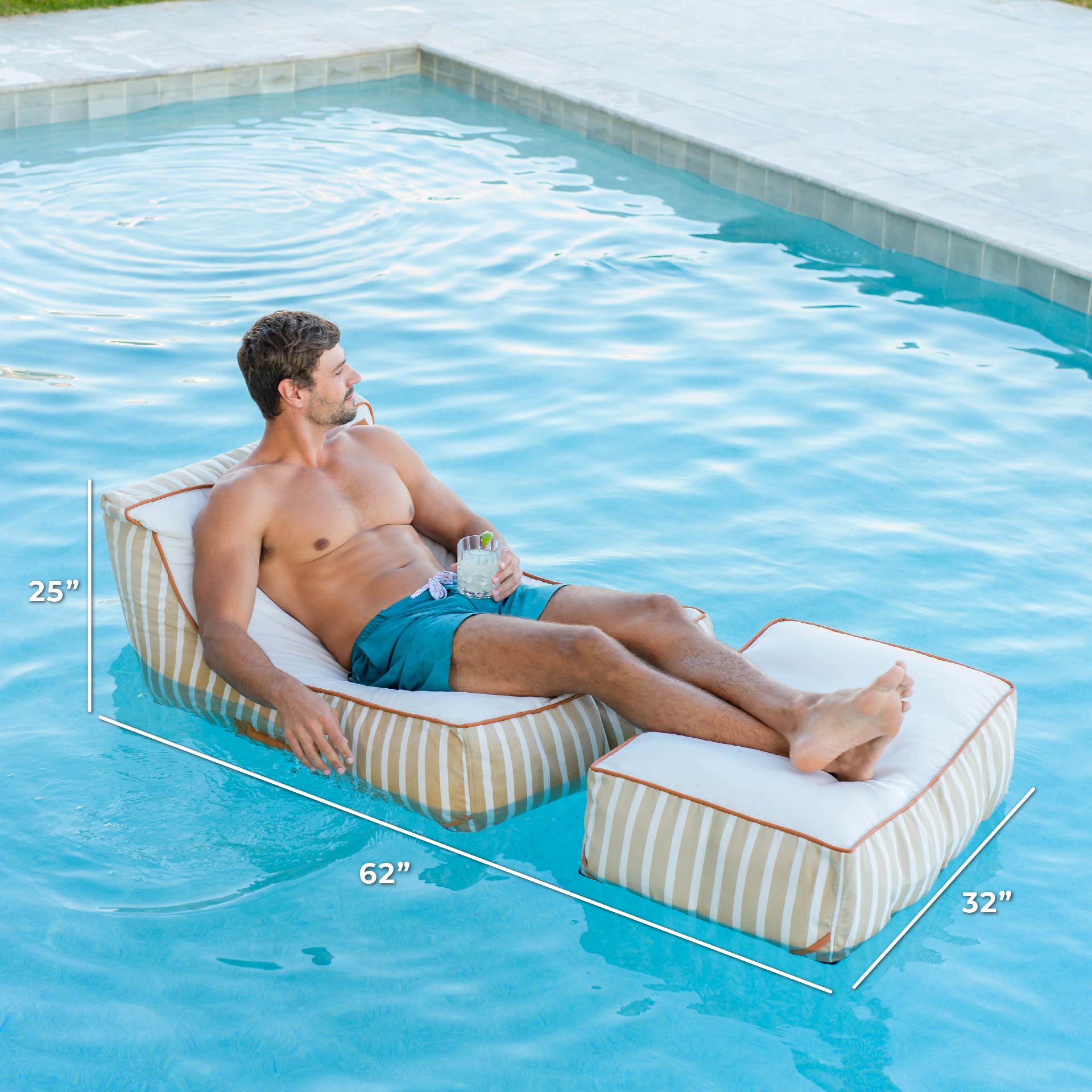 Man lounging on a striped pool float with dimensions displayed, in a pool setting.