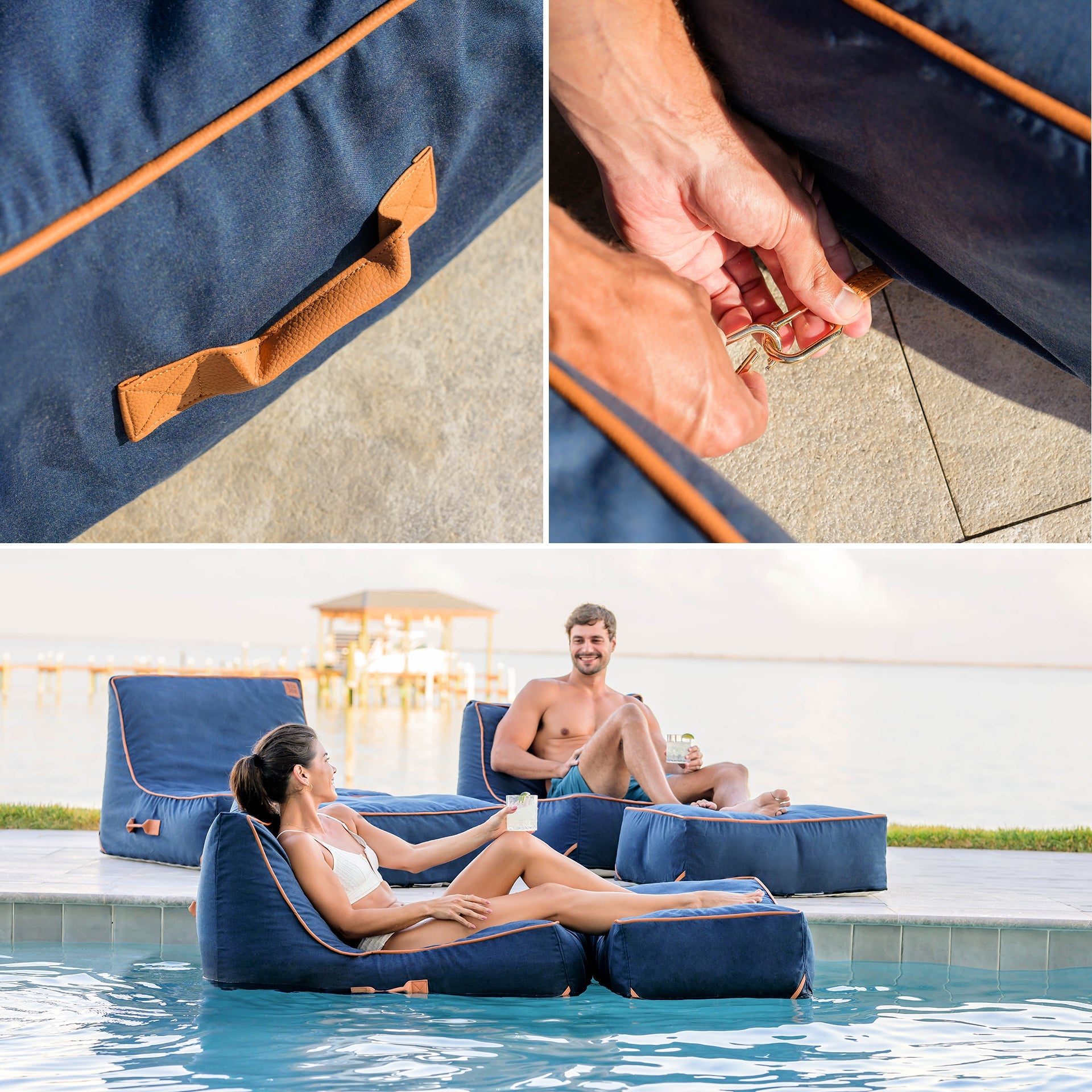 Collage of a blue inflatable pool lounge with brown handles, a close-up of a hand holding a key, and two people using the lounge by a pool.