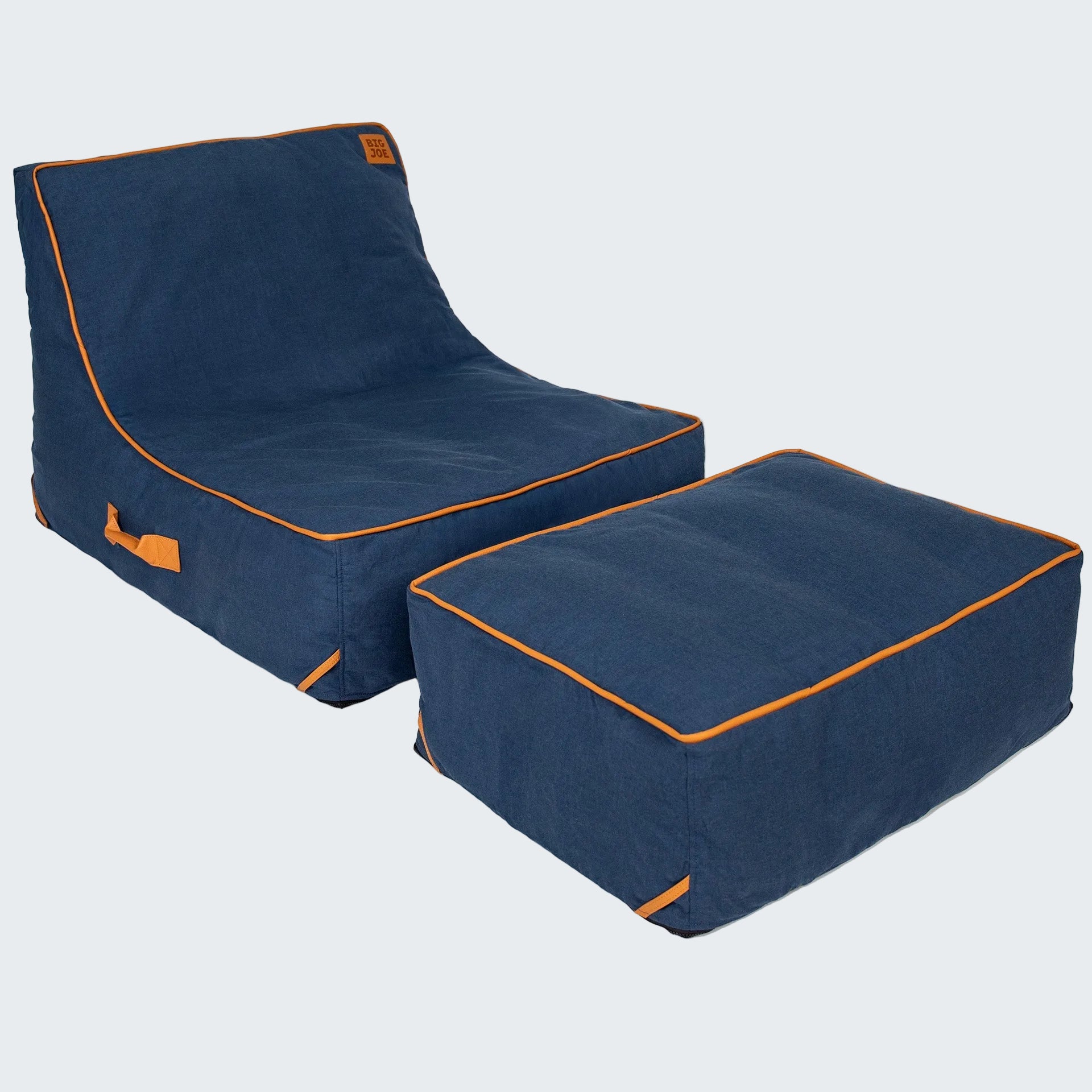 Blue bean bag chair with orange piping on a white background