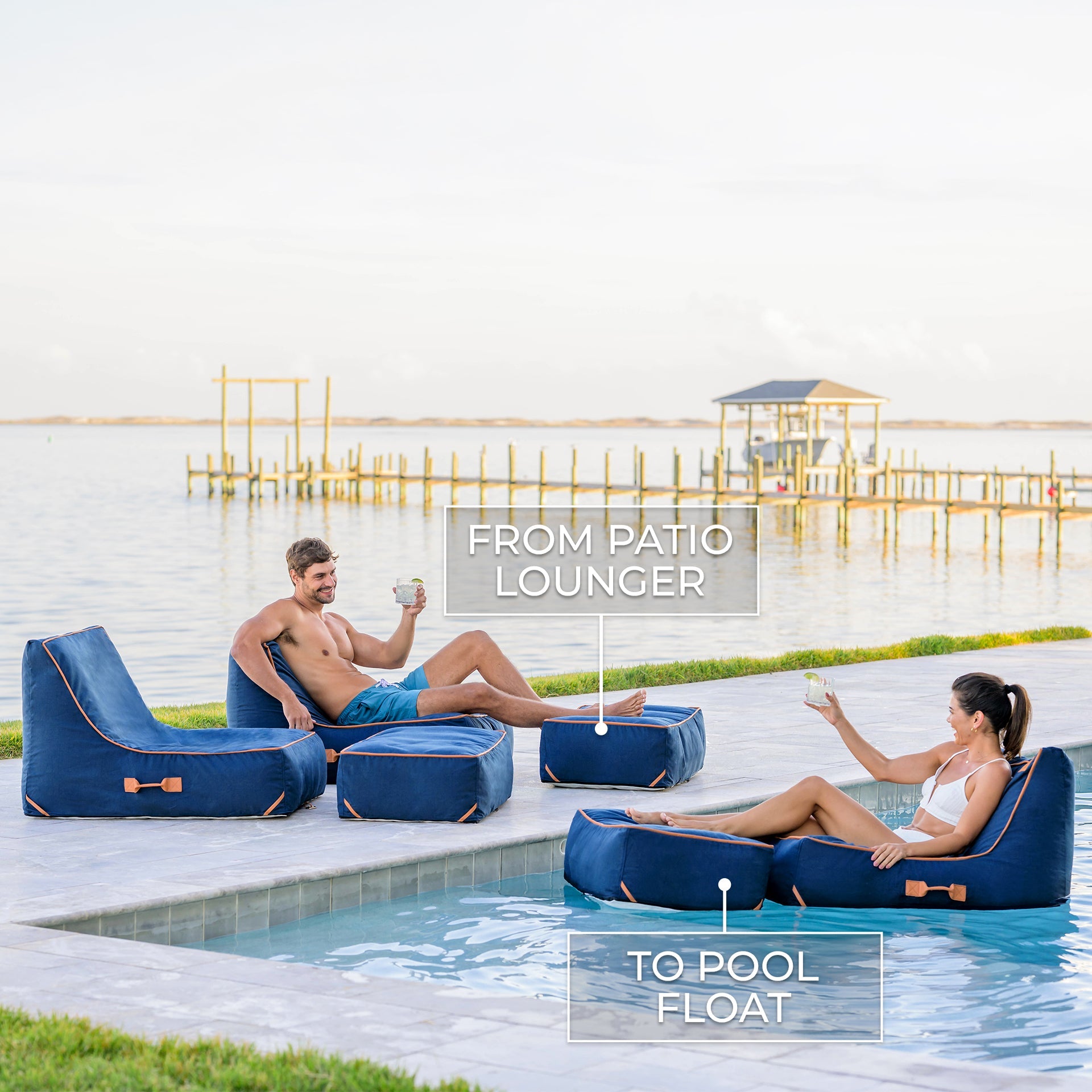 Blue patio lounger transforming into a pool float with people using it by a pool.