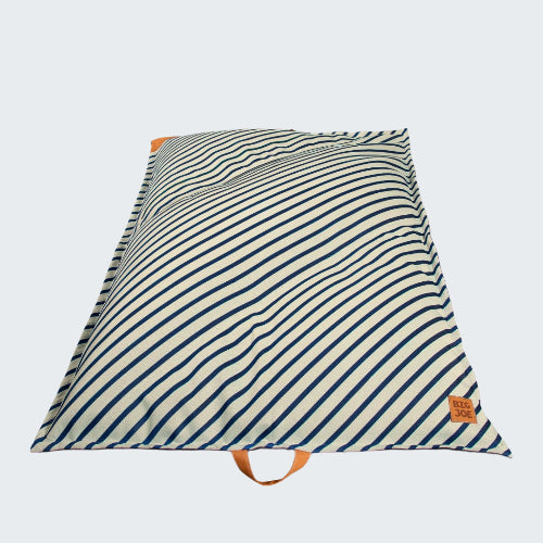 Striped bean bag chair with orange handles on a white background