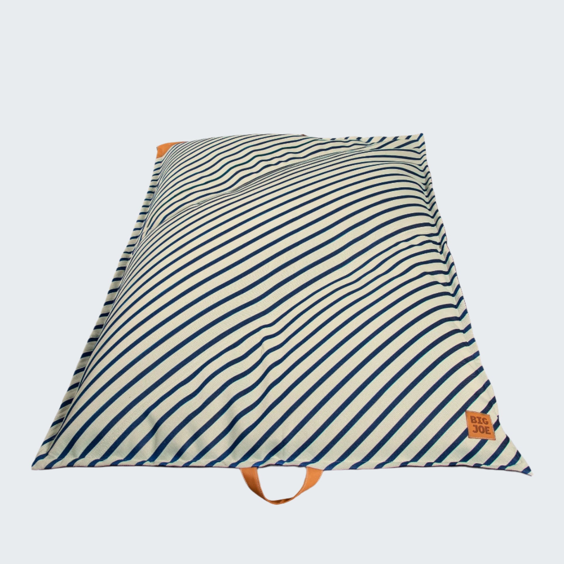 Striped bean bag chair with orange handles on a white background