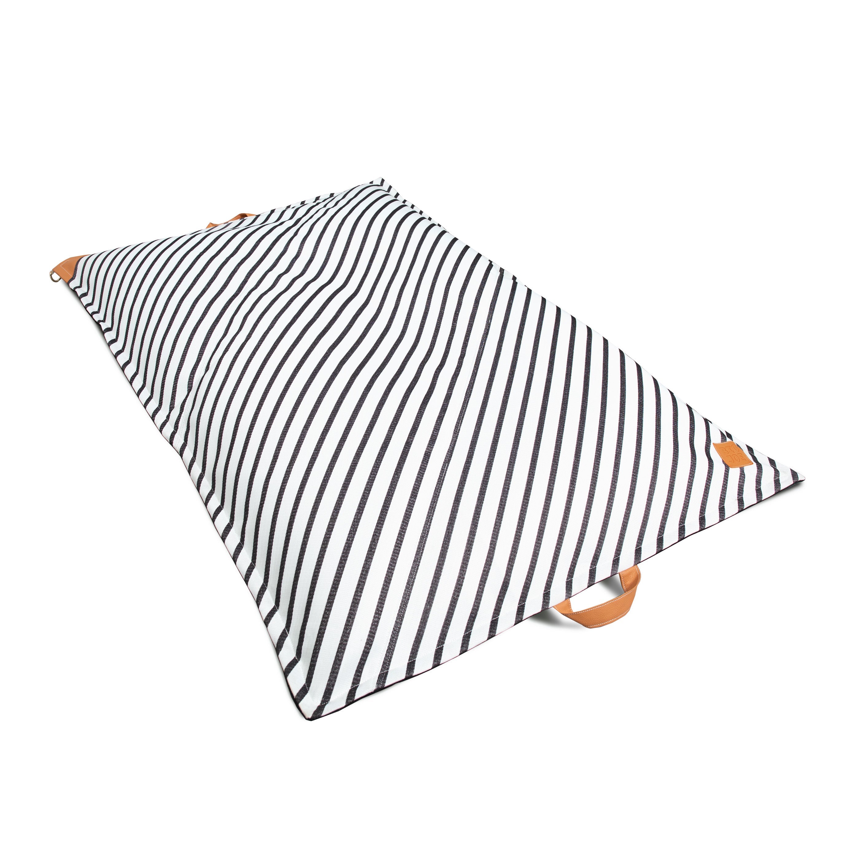 Striped pet bed with orange accents on a white background