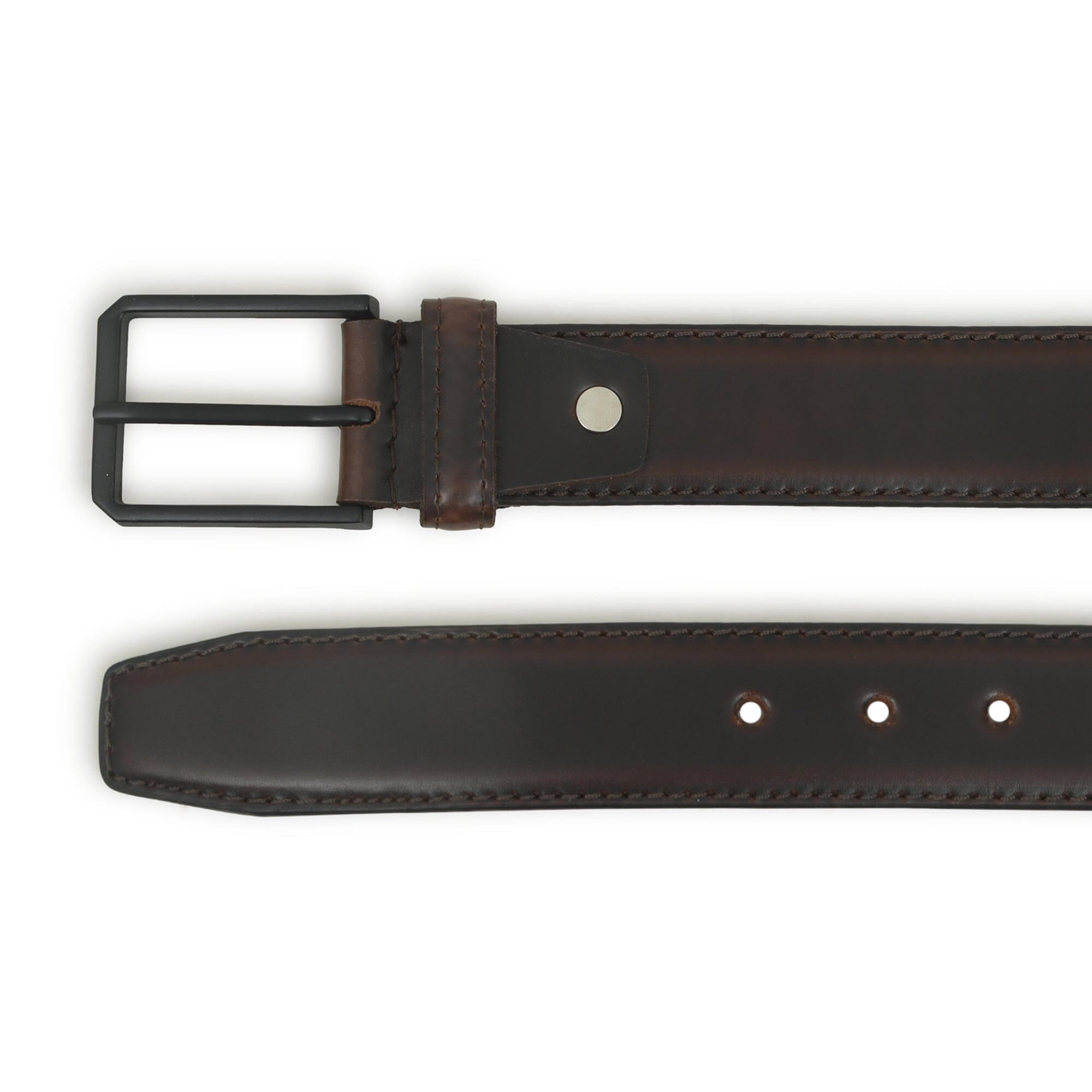 Brown leather belt with black buckle on a white background