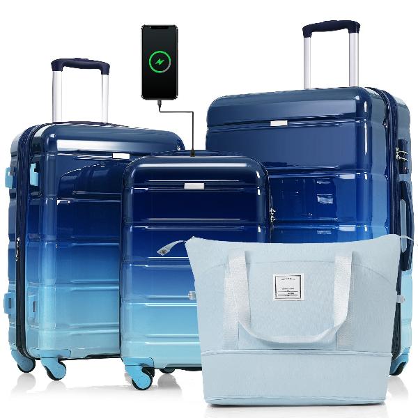 Luggage Sets 4 Piece, 20-inch with USB Port, Expandable ABS Durable