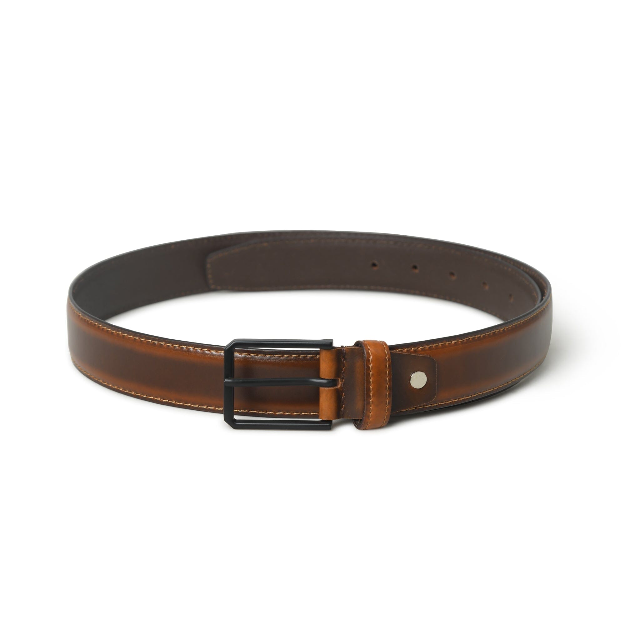 Brown leather belt with a black buckle on a white background