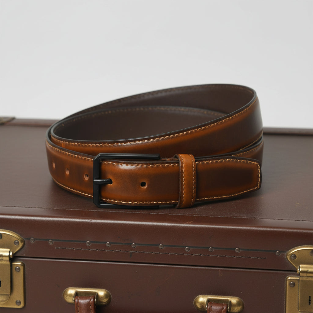 Brown leather belt with a black buckle on a white background