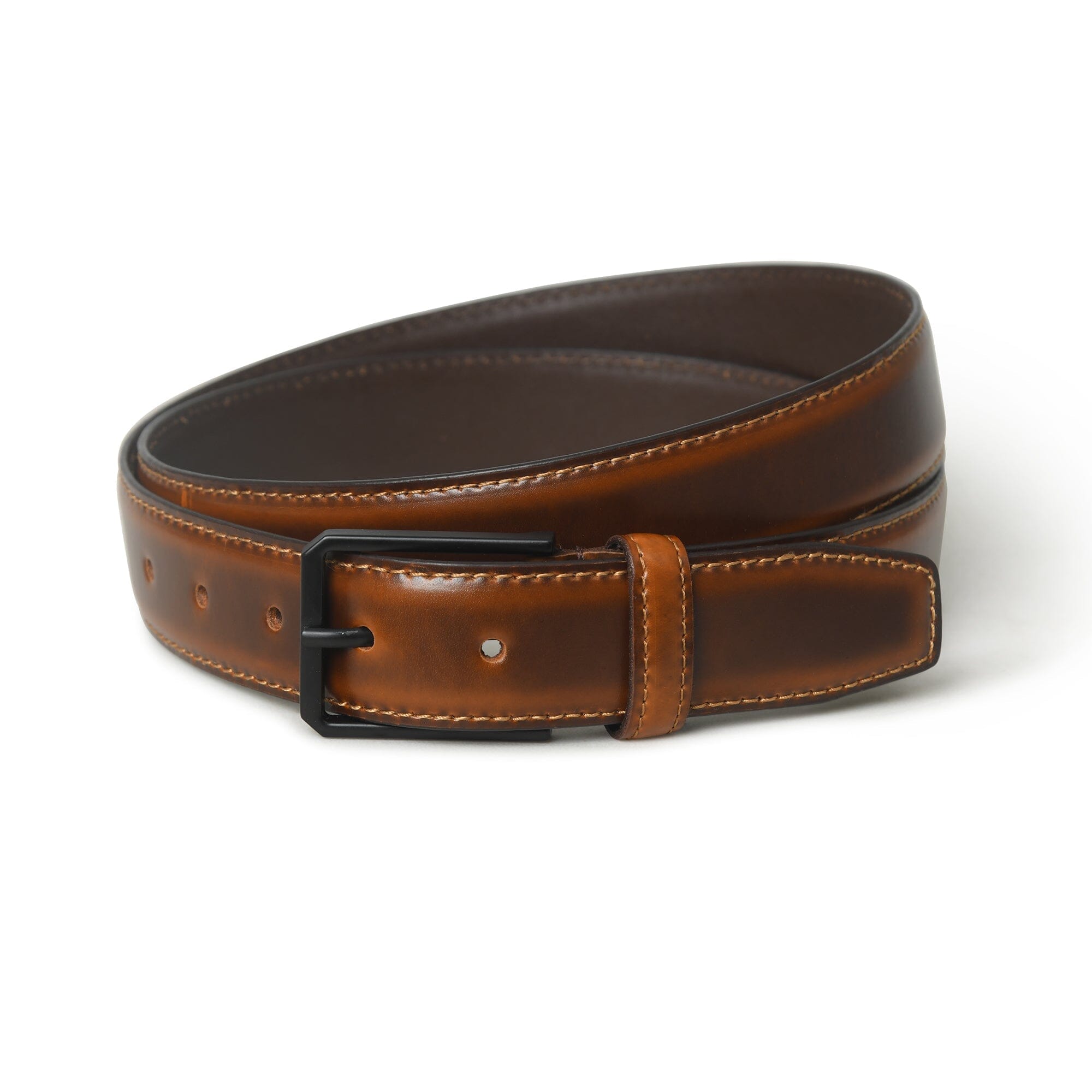 Brown leather belt with a black buckle on a white background