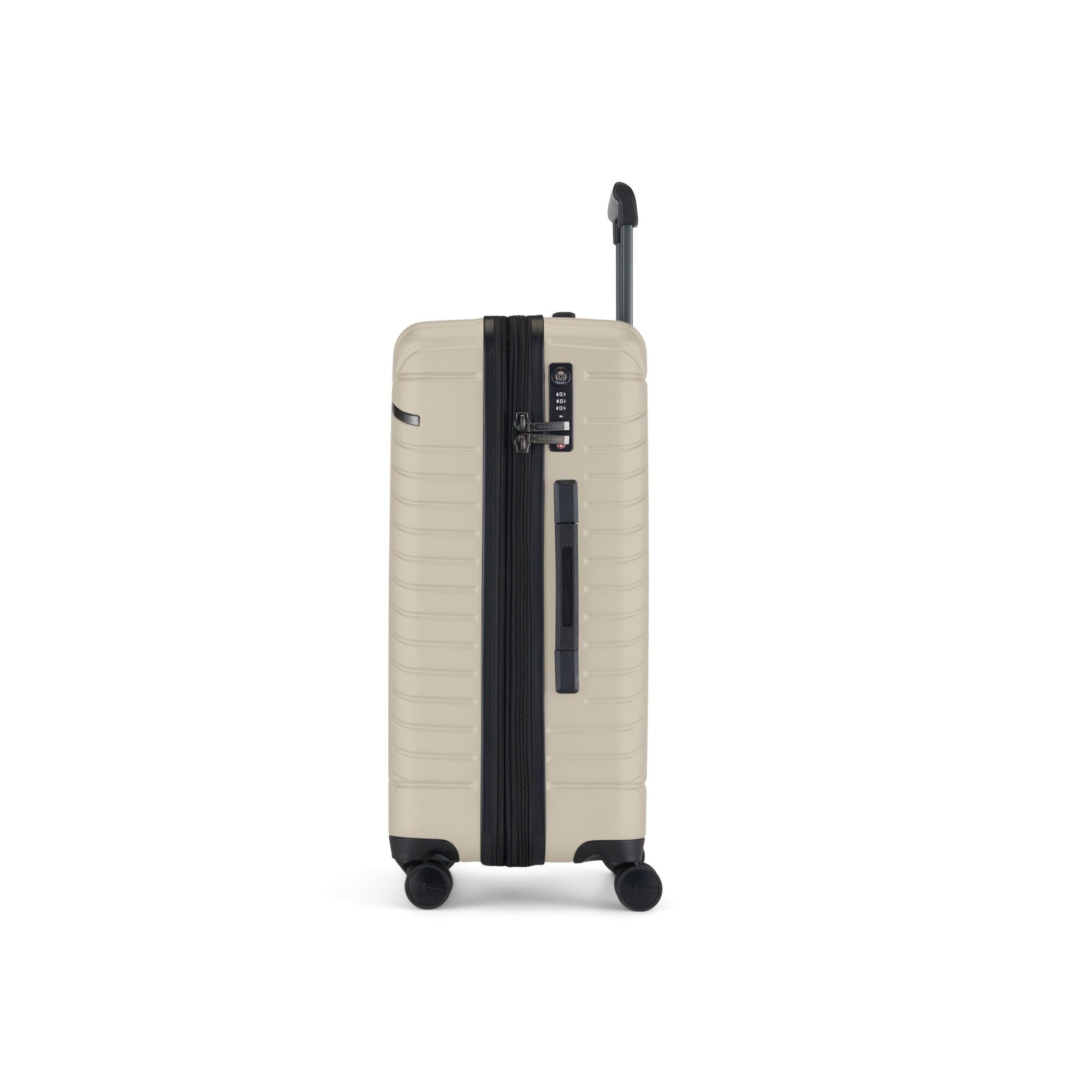 Beige suitcase with black accents on a white background