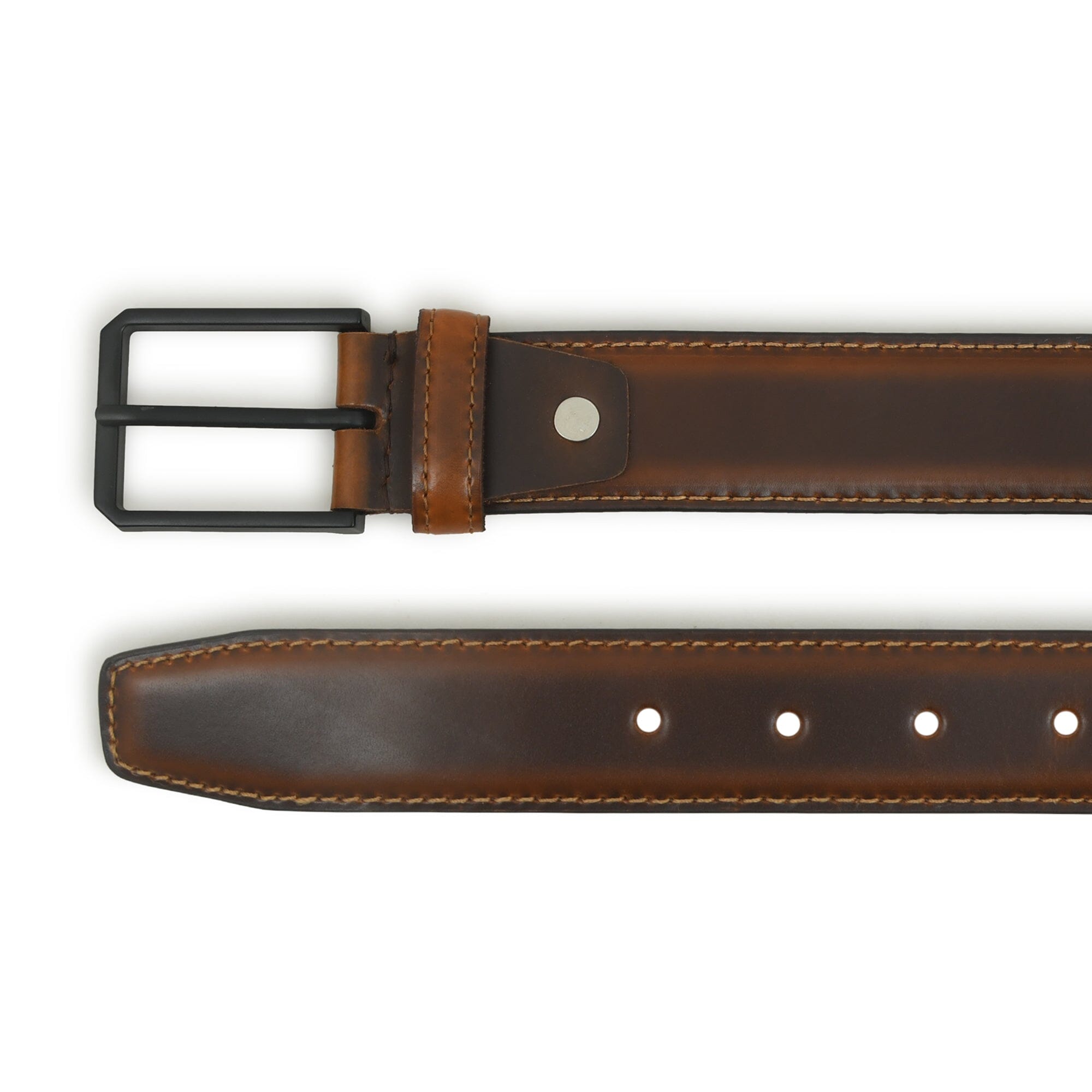 Brown leather belt with black buckle on a white background
