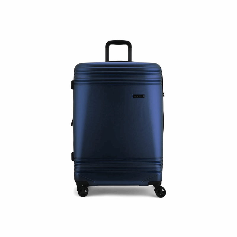 Blue suitcase with a black handle on a white background