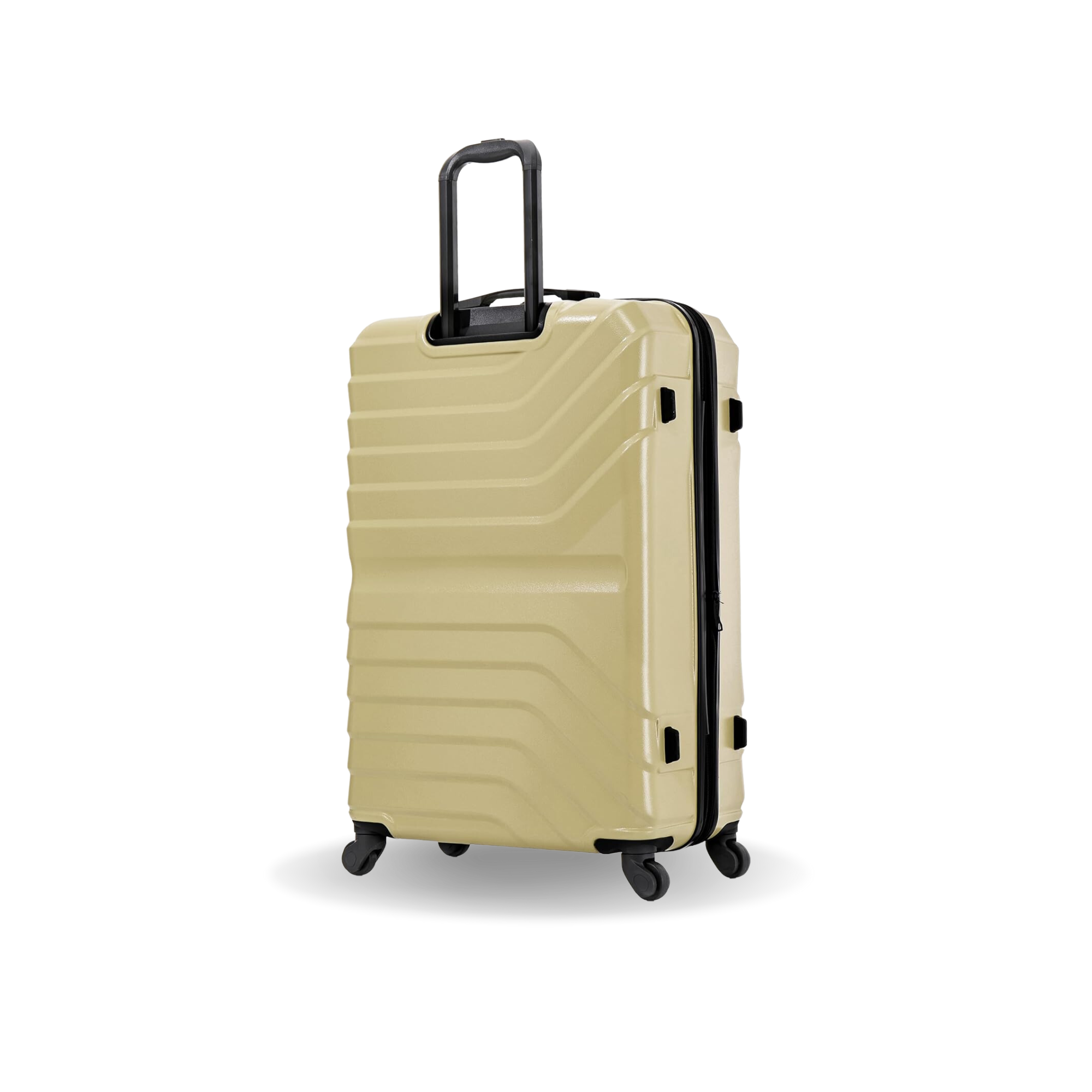 Beige suitcase with a black handle and wheels on a white background