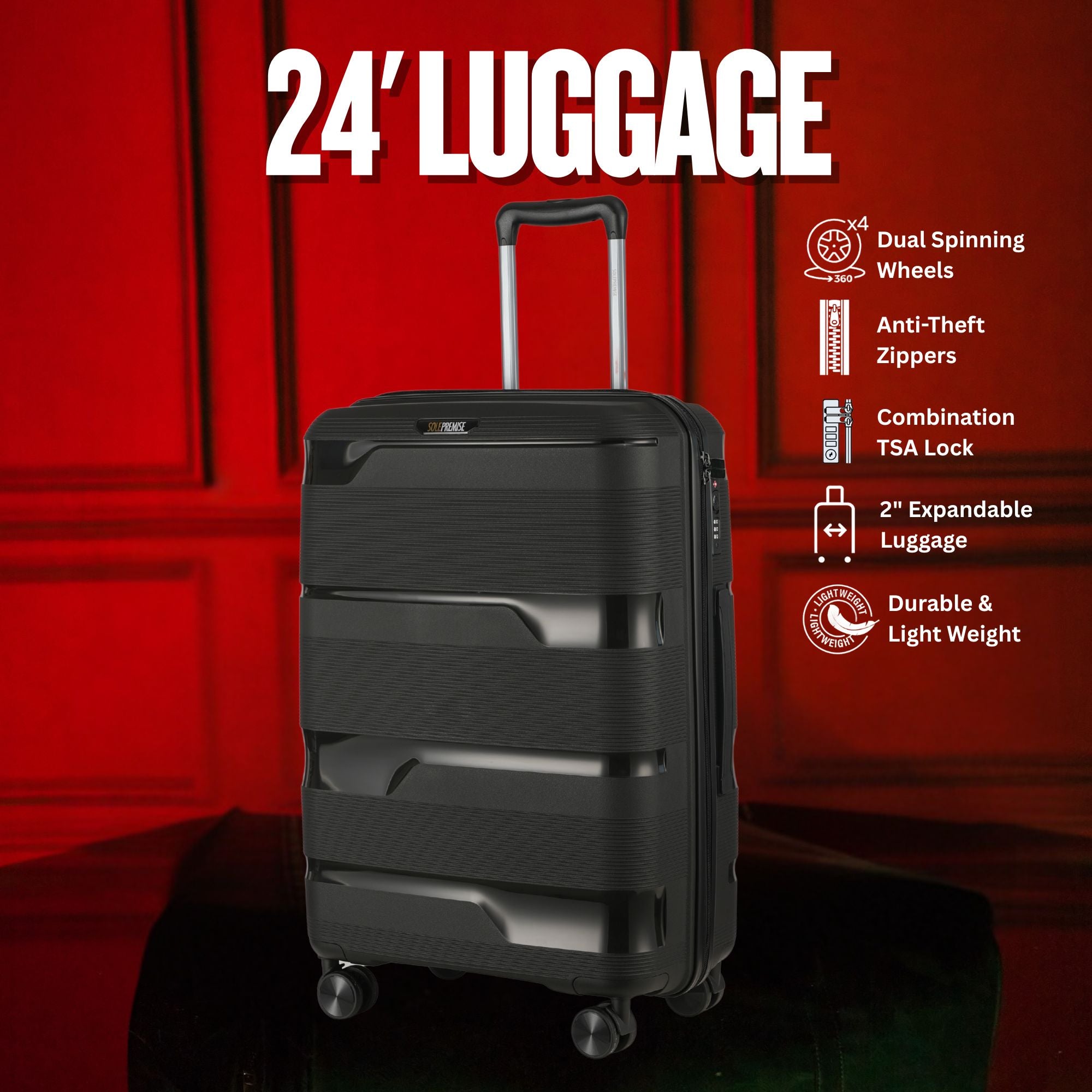 Black suitcase with features listed on a red background