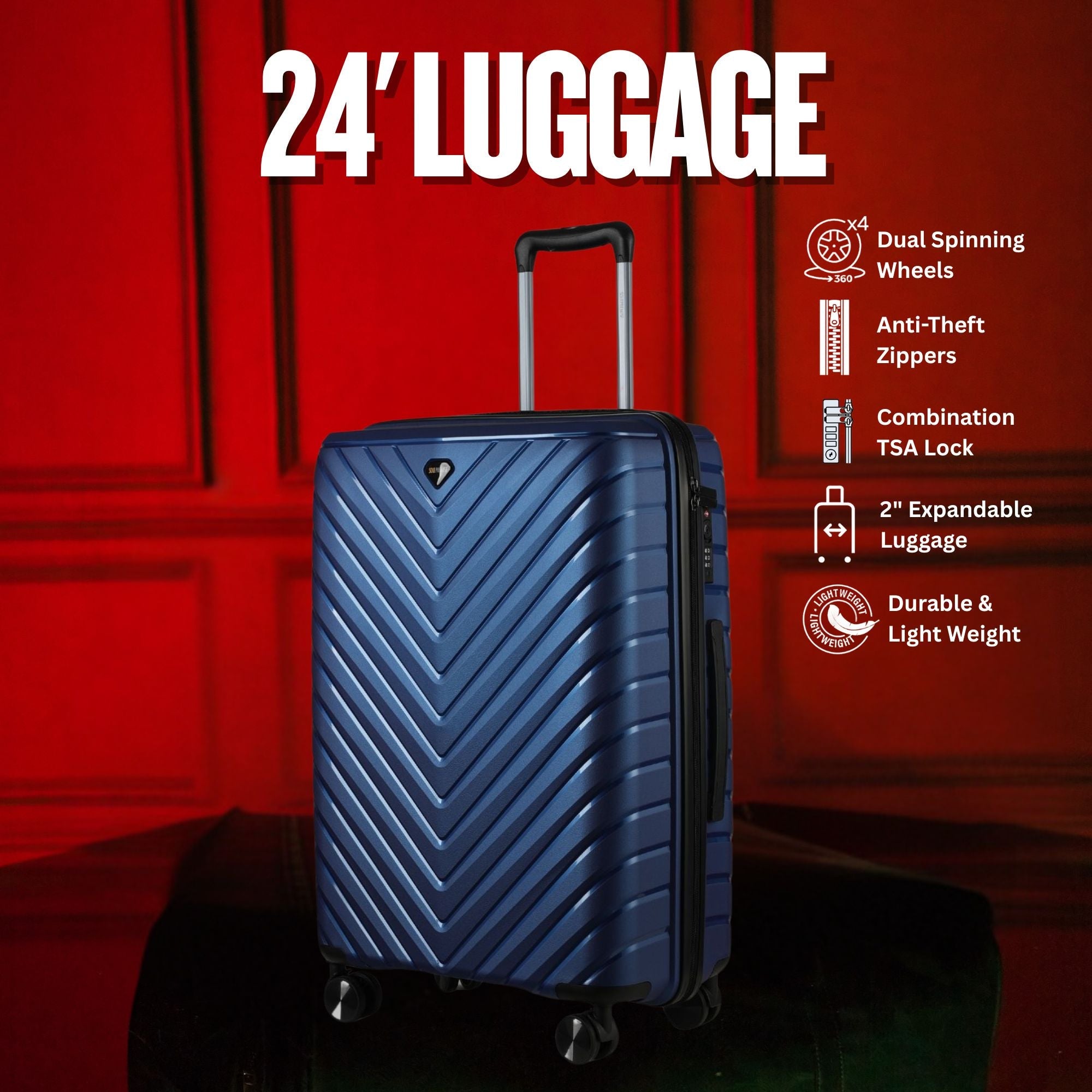 Blue suitcase with features listed on a red background