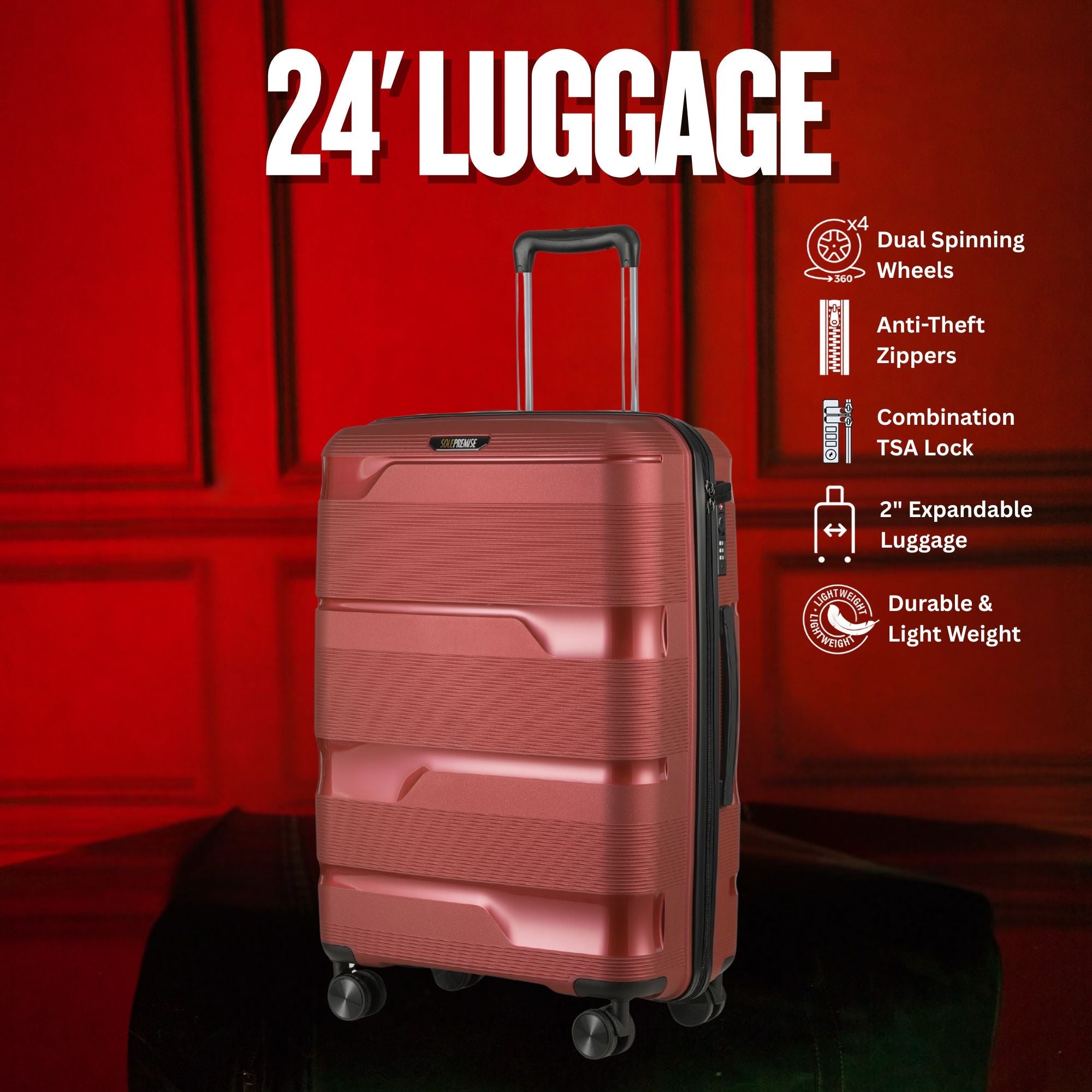 Red suitcase with features listed on a red background