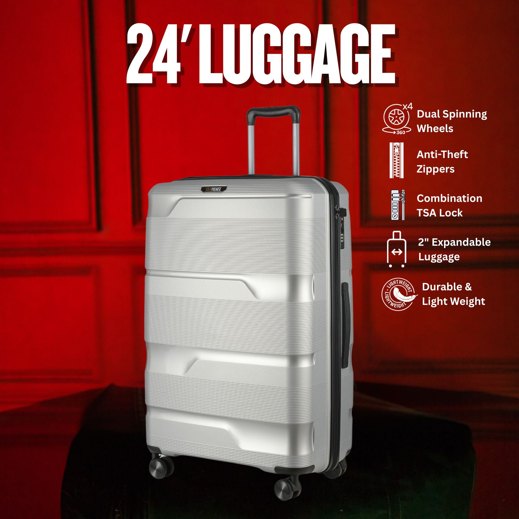 Silver suitcase with features listed on a red background
