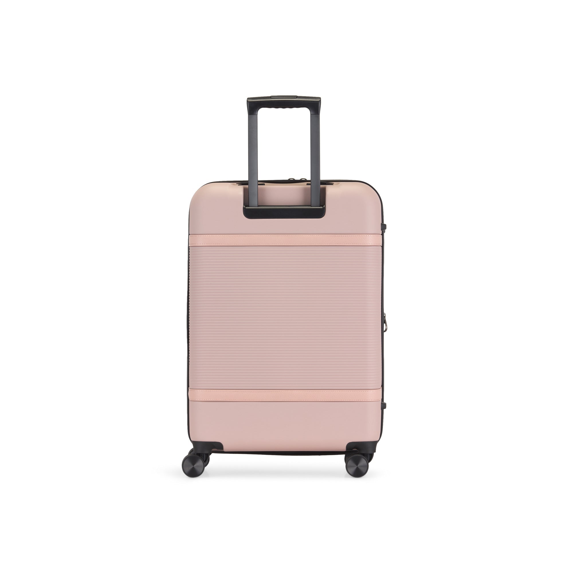Pink suitcase with a black handle on a white background