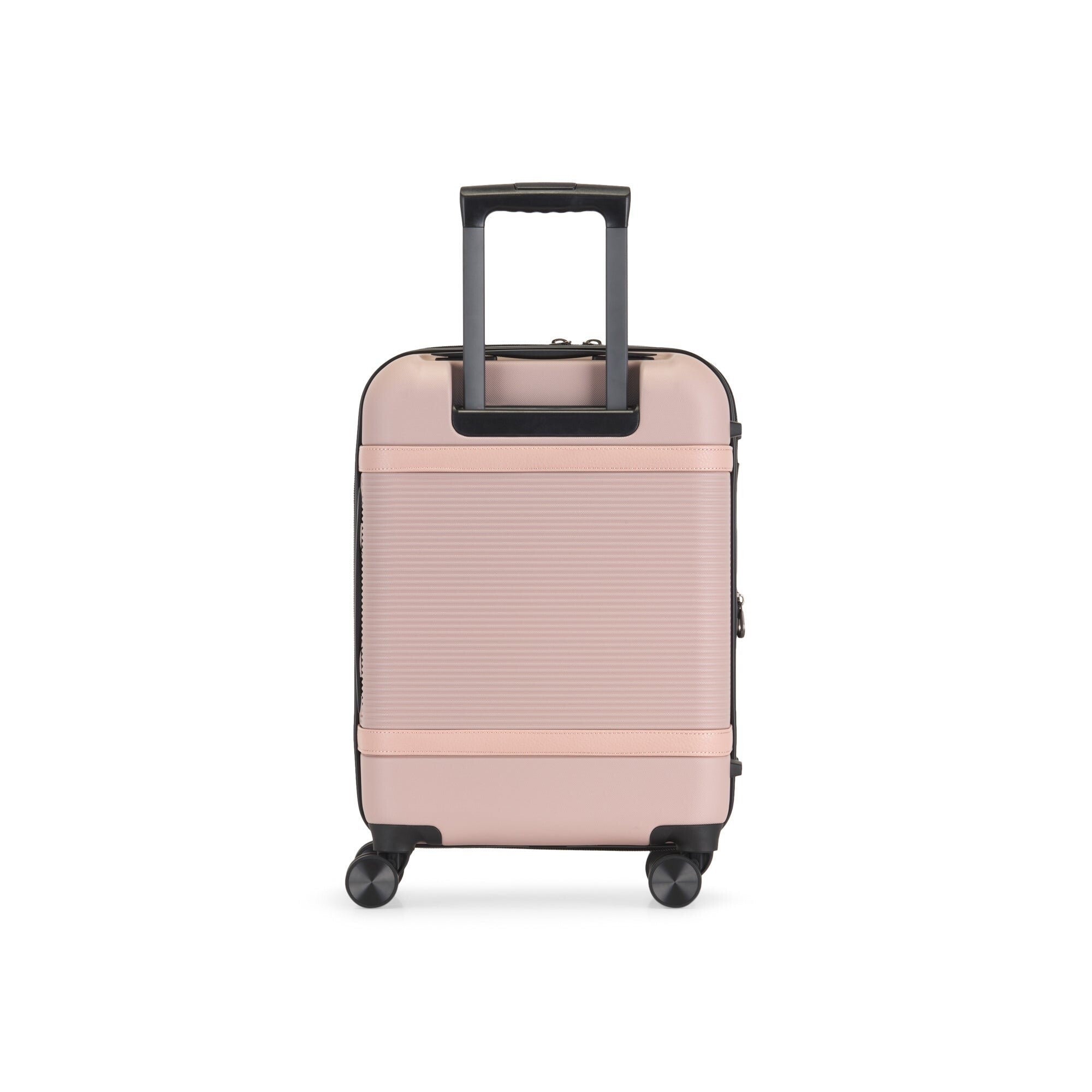Pink suitcase with black wheels and handle on a white background