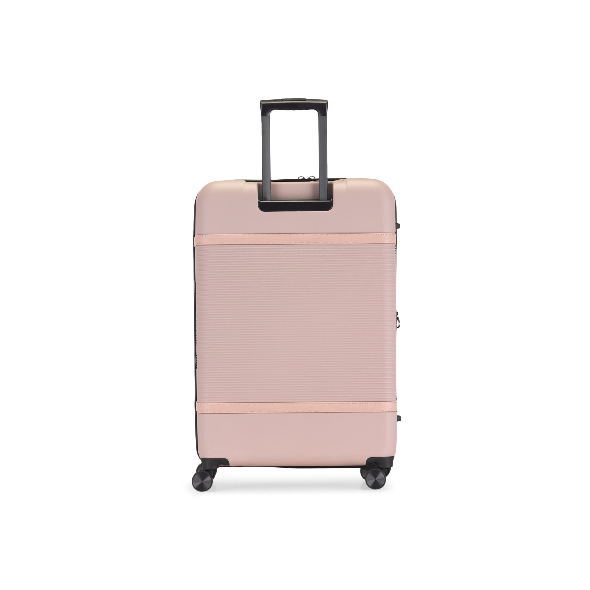 Pink suitcase with a black handle on a white background