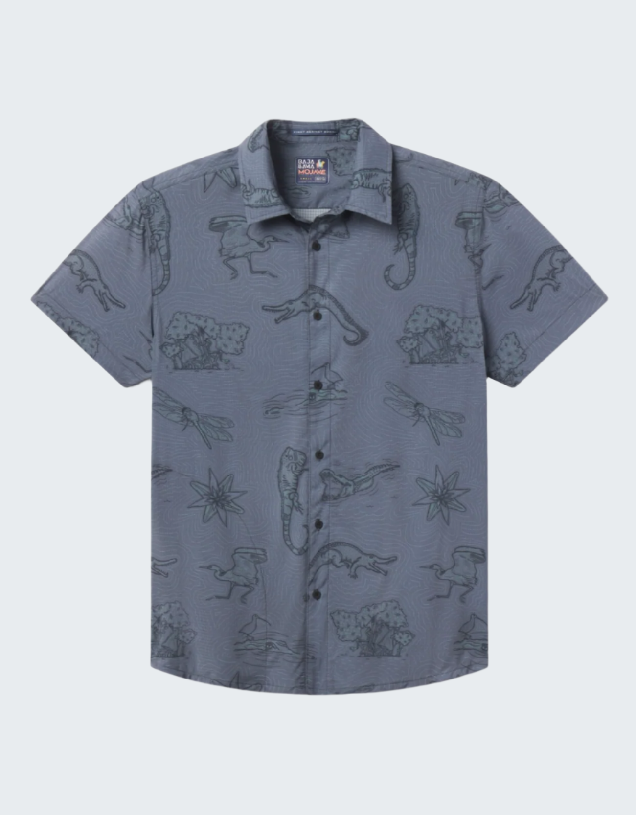 Short-sleeve shirt with nature-themed pattern on a white background