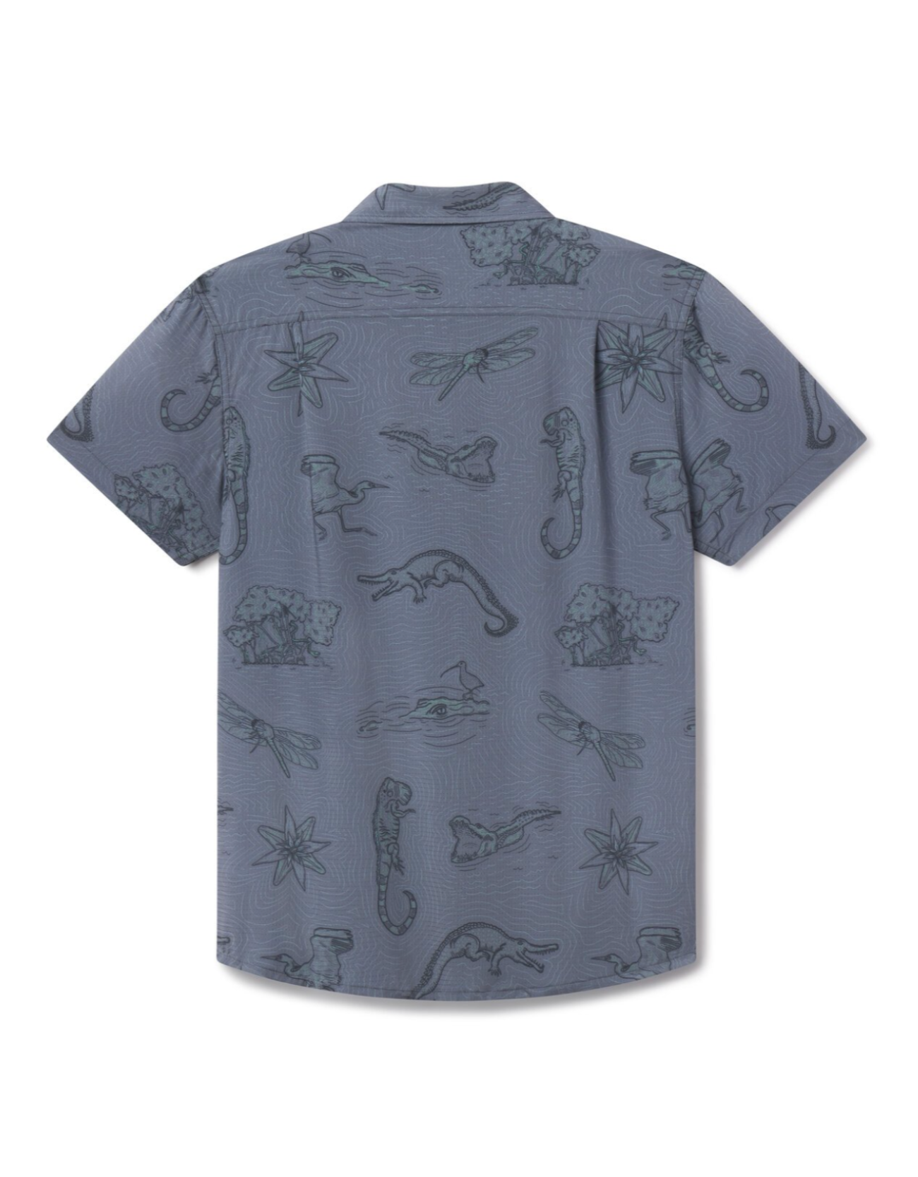 Short-sleeve shirt with nature-themed pattern on a white background