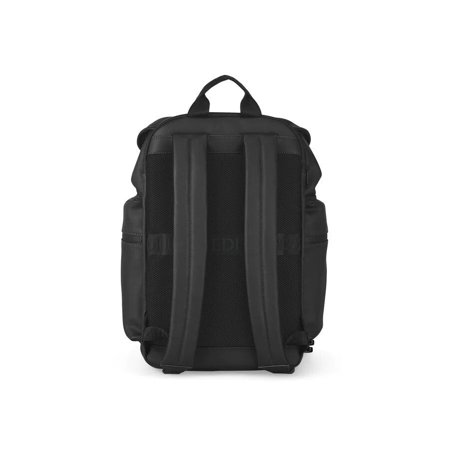 Black backpack shown from the back on a white background