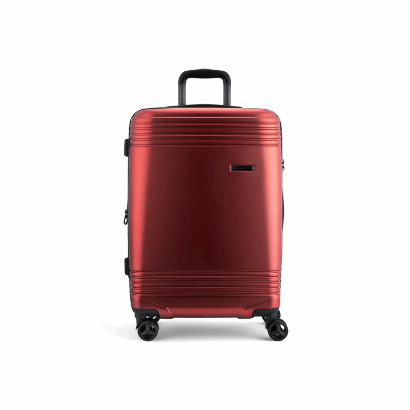 Red suitcase with a black handle on a white background