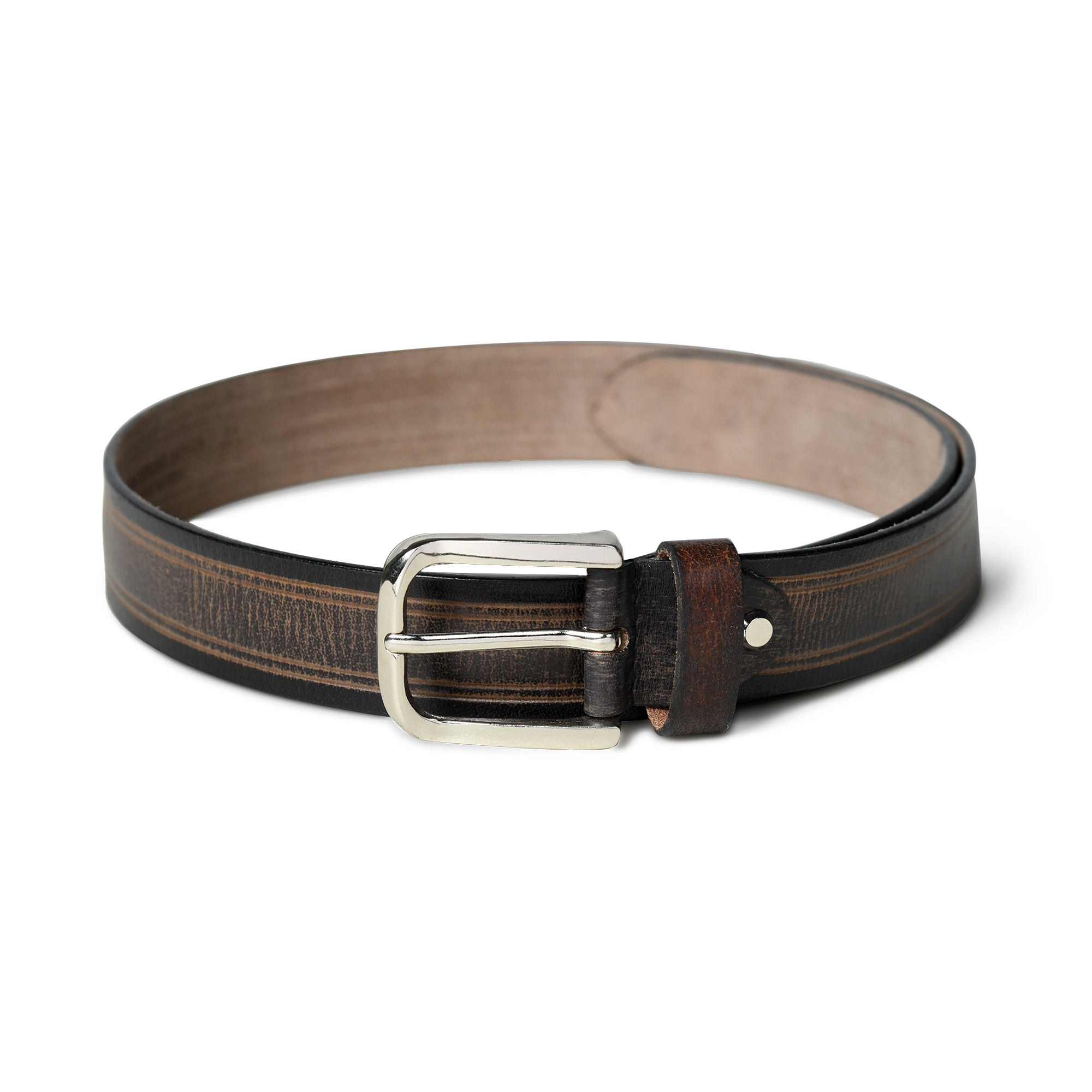 Brown leather belt with a silver buckle on a white background