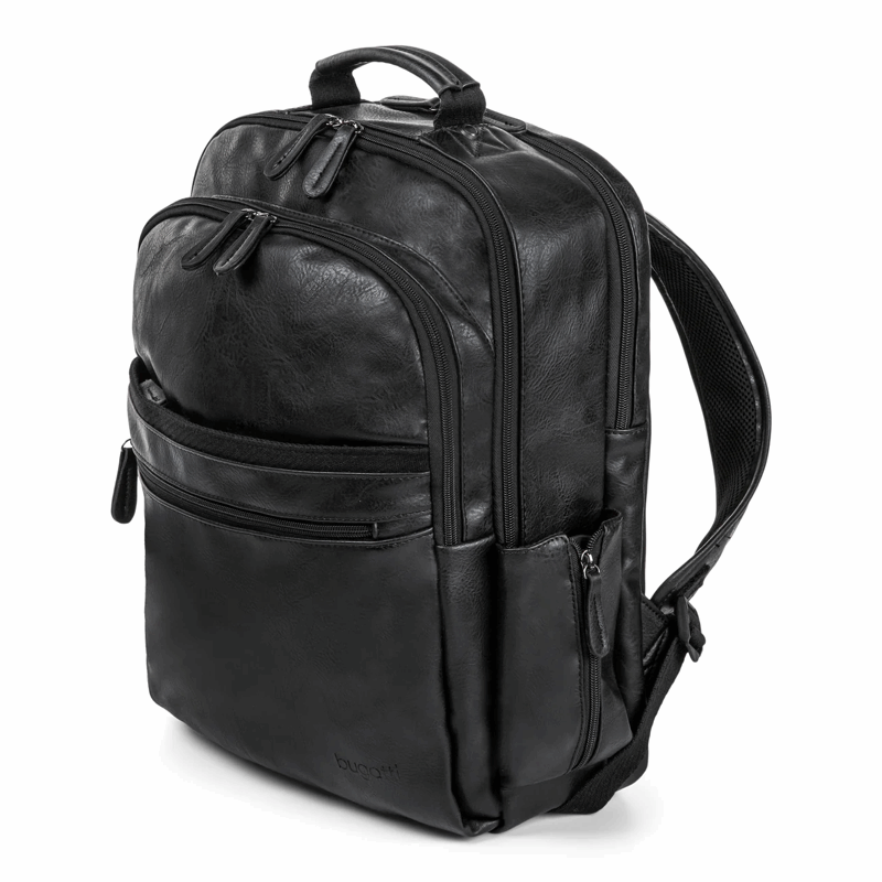 Black leather backpack on a white background