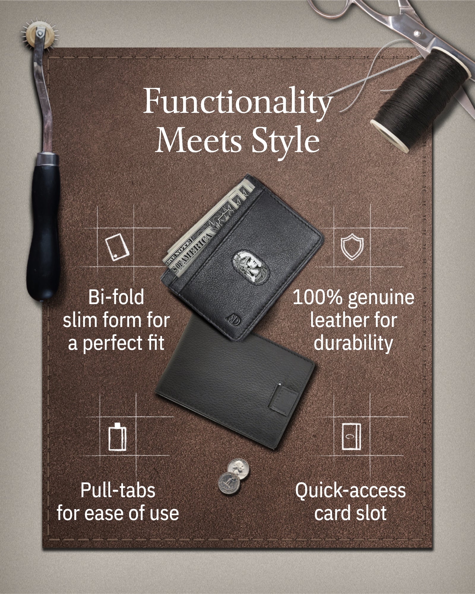 Black leather wallet with features highlighted on a brown background