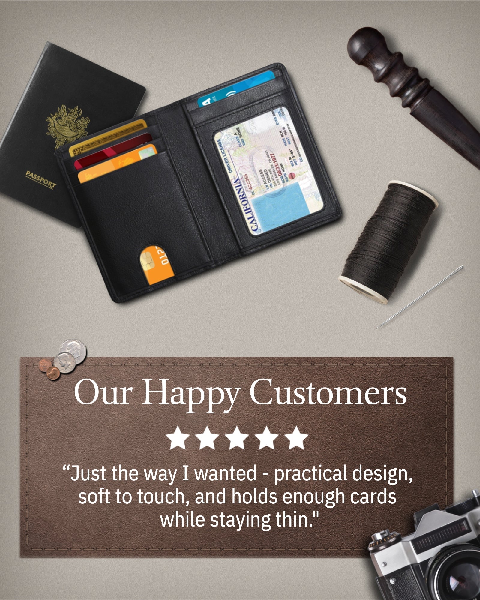 Black wallet with cards on a textured surface with a camera and spool of thread.