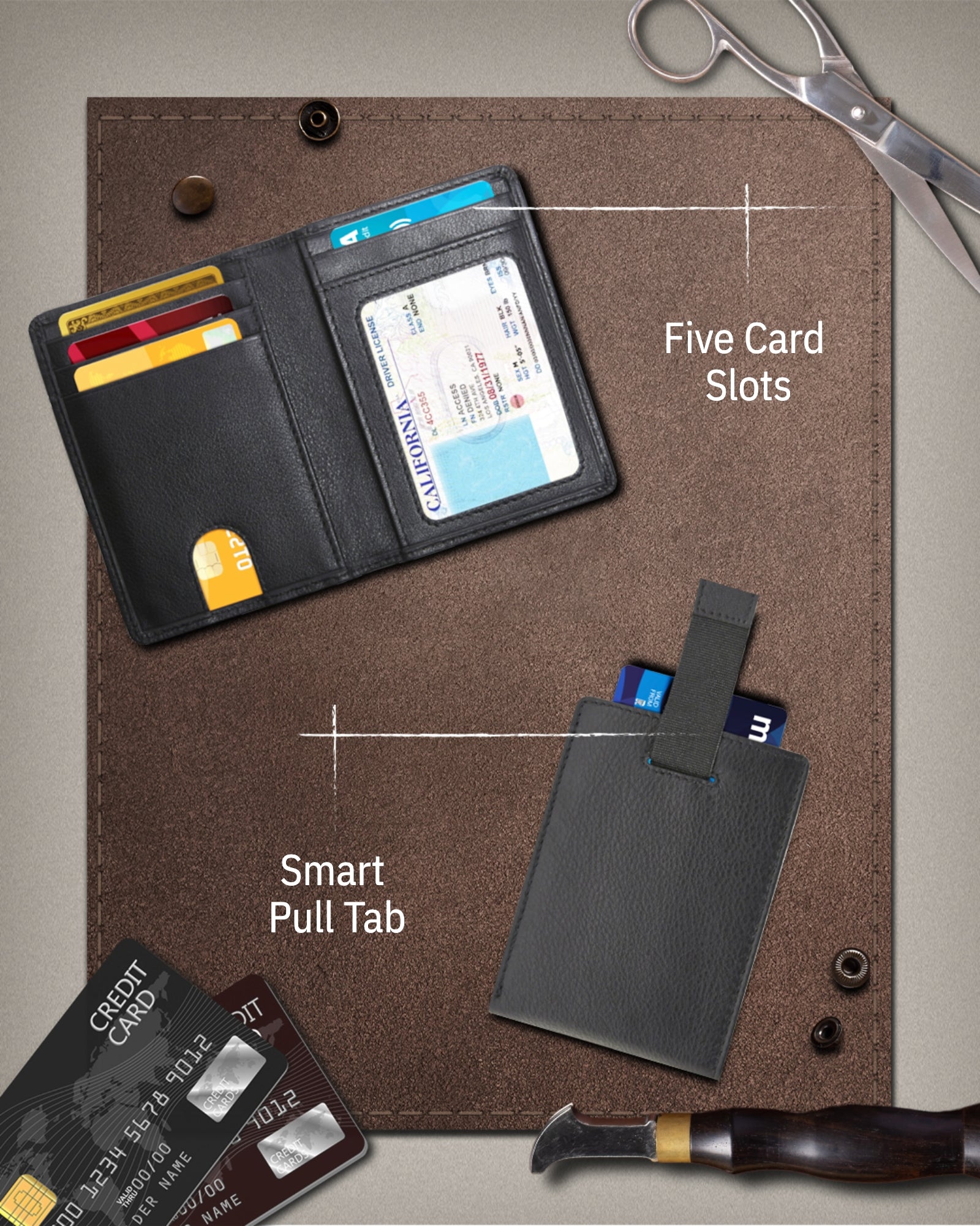 Black wallet with card slots and smart pull tab on a brown surface with cards and tools.