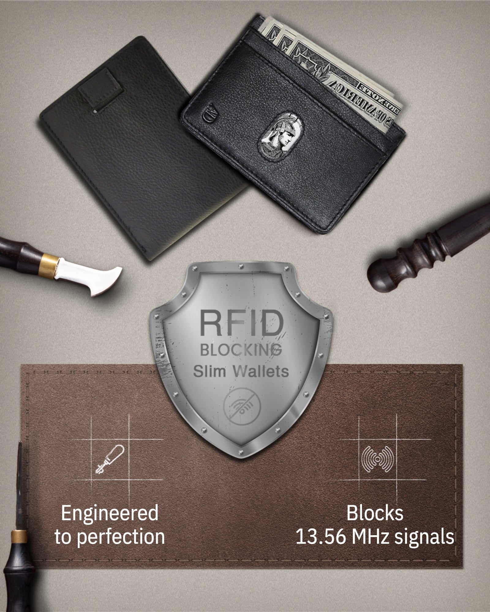RFID blocking slim wallets with a shield icon and text on a neutral background