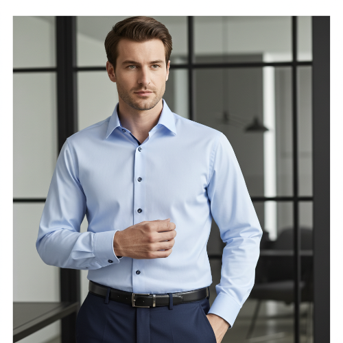 Man wearing a light blue dress shirt with black buttons in an office setting