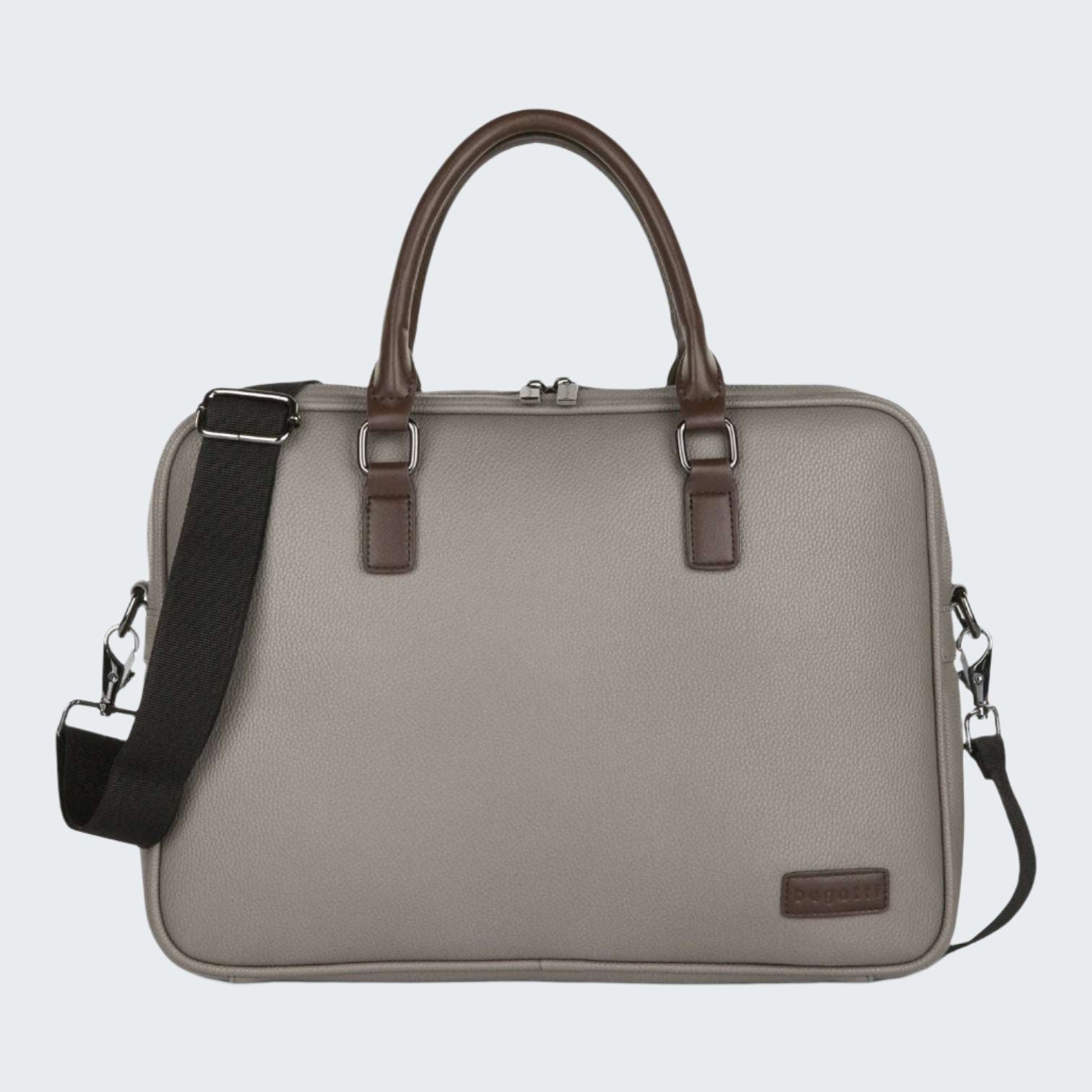 Gray handbag with brown handles and accents on a white background