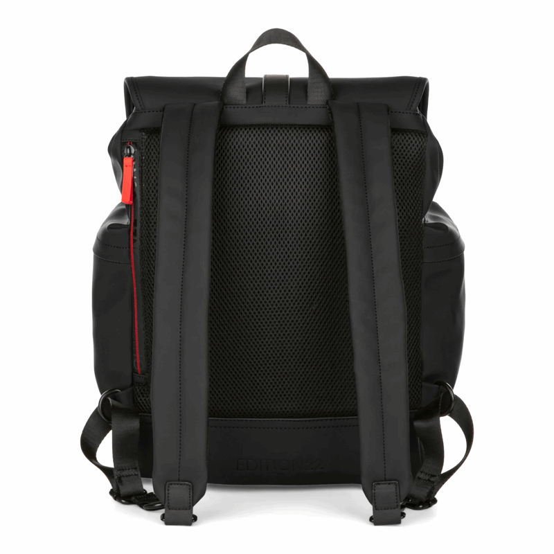 Black backpack with red zipper on a white background